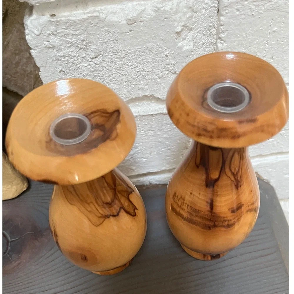 Pair of unique olive wood Candle holders. Size 5.5‎ inches